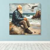 海のそばの老人、カモメ飛んでいる キャンバスプリント (インサイチュ (ウッドフロア))