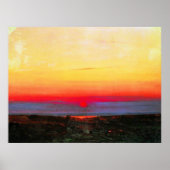 海のそばの草原の夕日、アート素晴らし ポスター (正面)