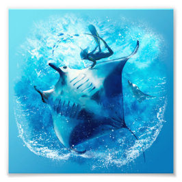 海のアカエイとダイバー フォトプリント           