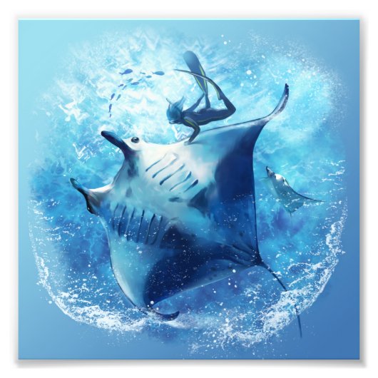 海のアカエイとダイバー フォトプリント            (正面)