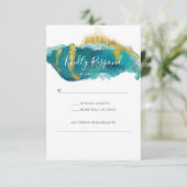 海のアクアとゴールドの水彩画 RSVP カード (スタンド正面)