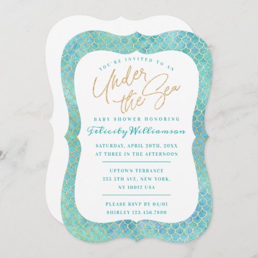 海のアクアブルーの人魚の赤ちゃんはかりで測のシャワーの下 招待状 (正面/裏面)