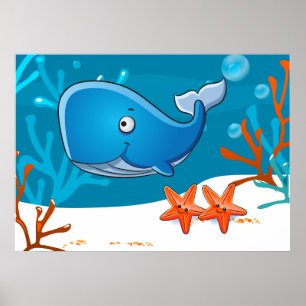 海のアクアリスティックなかわいいクジラとヒトデのポスター ポスター