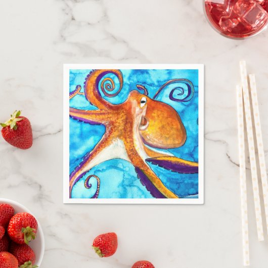 海のアートの下のタコの水彩 スタンダードカクテルナプキン (インサイチュ)