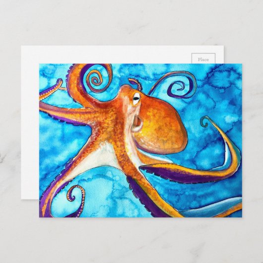 海のアートの下のタコの水彩 ポストカード (正面/裏面)