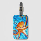 海のアートの下のタコの水彩 ラゲッジタグ (正面縦)