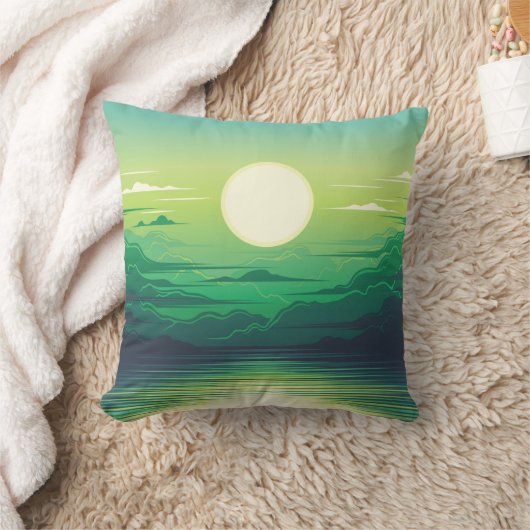 海のイラストレーションの日の出 クッション (ブランケット)