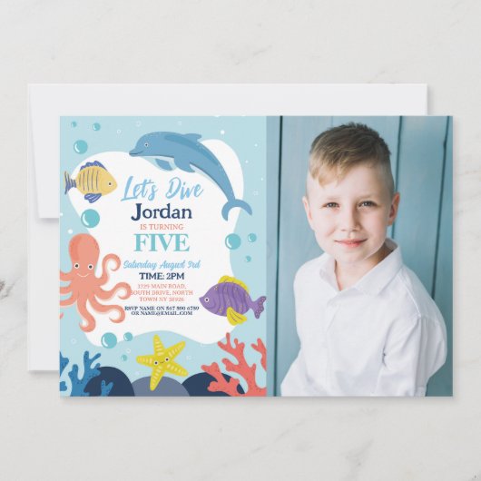 海のイルカとタコの写真でダイブ5 招待状 (正面)