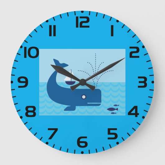 海のイルカとヨット 海の青い時計 ラージ壁時計 (正面)
