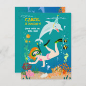 海のイルカと女の子の誕生日パーティーの下 インビテーションポストカード (正面/裏面)
