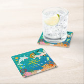 海のイルカと女の子の誕生日パーティーの下 スクエアペーパーコースター (インサイチュ)