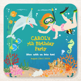 海のイルカと女の子の誕生日パーティーの下 スクエアペーパーコースター