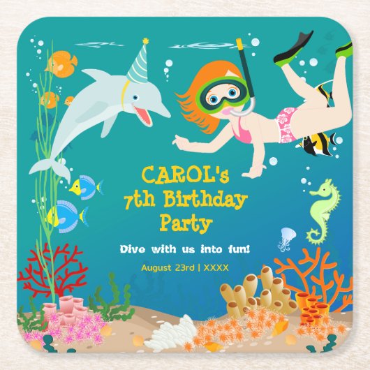 海のイルカと女の子の誕生日パーティーの下 スクエアペーパーコースター (正面)