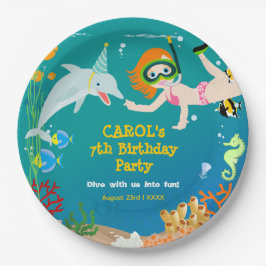 海のイルカと女の子の誕生日パーティーの下 ペーパープレート