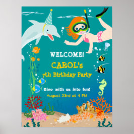 海のイルカと女の子の誕生日パーティーの下 ポスター