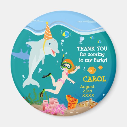 海のイルカと女の子の誕生日パーティーの下 マグネット (正面)
