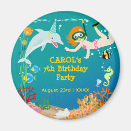 海のイルカと女の子の誕生日パーティーの下 マグネット