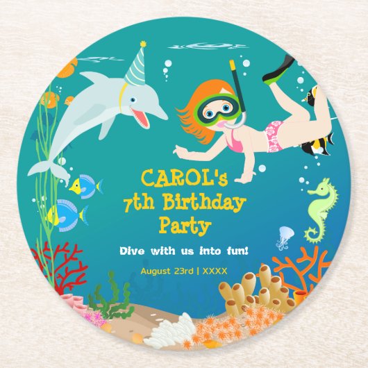 海のイルカと女の子の誕生日パーティーの下 ラウンドペーパーコースター (正面)