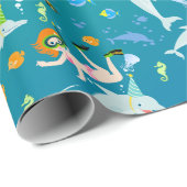 海のイルカと女の子の誕生日パーティーの下 ラッピングペーパー (ロールコーナー)