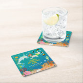海のイルカと男の子の誕生日のパーティーの下で スクエアペーパーコースター (インサイチュ)