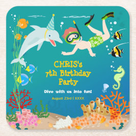 海のイルカと男の子の誕生日のパーティーの下で スクエアペーパーコースター
