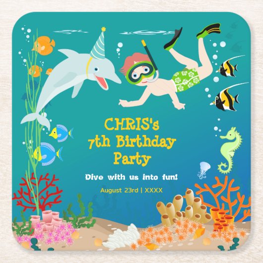 海のイルカと男の子の誕生日のパーティーの下で スクエアペーパーコースター (正面)