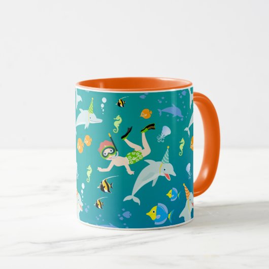 海のイルカと男の子の誕生日のパーティーの下で マグカップ (正面右)