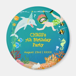 海のイルカと男の子の誕生日のパーティーの下で マグネット