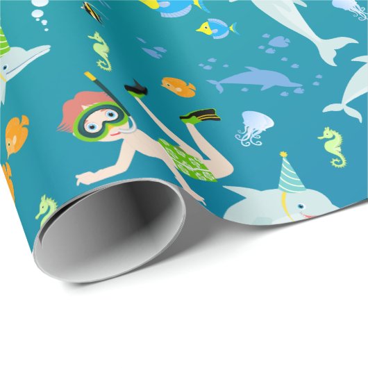 海のイルカと男の子の誕生日のパーティーの下で ラッピングペーパー (ロールコーナー)