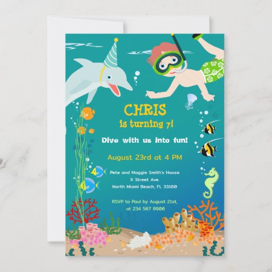海のイルカと男の子の誕生日のパーティーの下で 招待状 (正面)