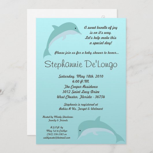 海のイルカのベビーシャワーの招待状の下の5x7 招待状 (正面/裏面)