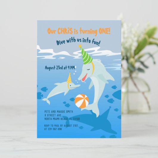 海のイルカの下の最初の誕生日ボーイパーティー 招待状 (スタンド正面)