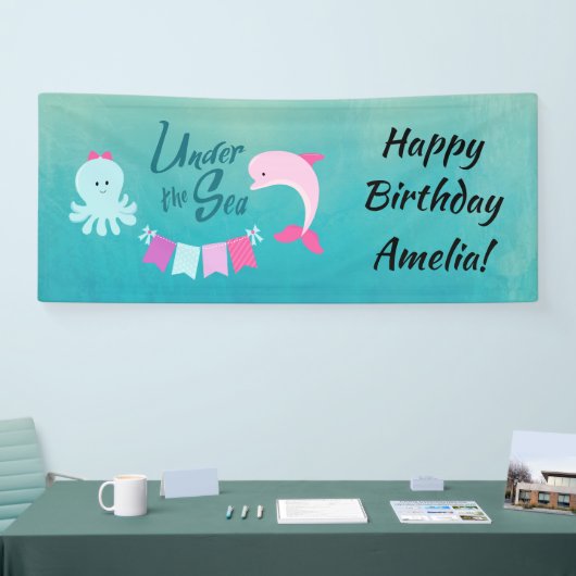 海のイルカの下 |女の子の誕生日パーティー 横断幕 (トレードショー)