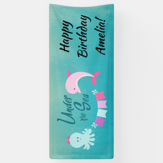 海のイルカの下 |女の子の誕生日パーティー 横断幕 (縦)