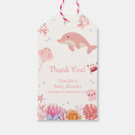 海のイルカの少女の赤ちゃんシャワーの下でピンクかわいい ギフトタグ