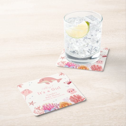海のイルカの少女の赤ちゃんシャワーの下でピンクかわいい スクエアペーパーコースター (インサイチュ)