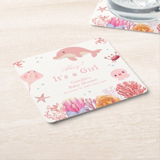 海のイルカの少女の赤ちゃんシャワーの下でピンクかわいい スクエアペーパーコースター (アングル)