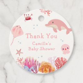 海のイルカの少女の赤ちゃんシャワーの下でピンクかわいい フェイバータグ