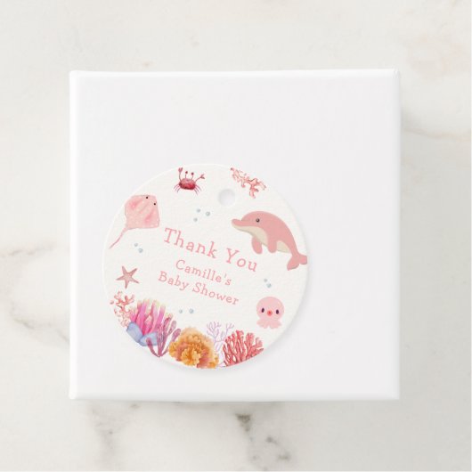 海のイルカの少女の赤ちゃんシャワーの下でピンクかわいい フェイバータグ (インサイチュ)