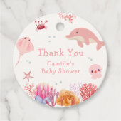 海のイルカの少女の赤ちゃんシャワーの下でピンクかわいい フェイバータグ (正面)