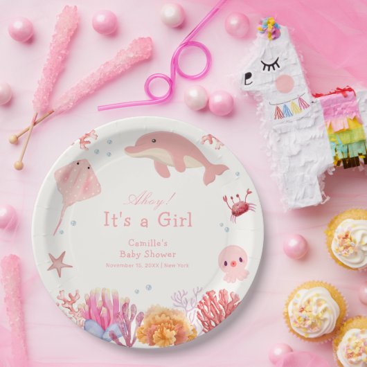 海のイルカの少女の赤ちゃんシャワーの下でピンクかわいい ペーパープレート (パーティー)