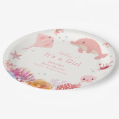 海のイルカの少女の赤ちゃんシャワーの下でピンクかわいい ペーパープレート (アングル)