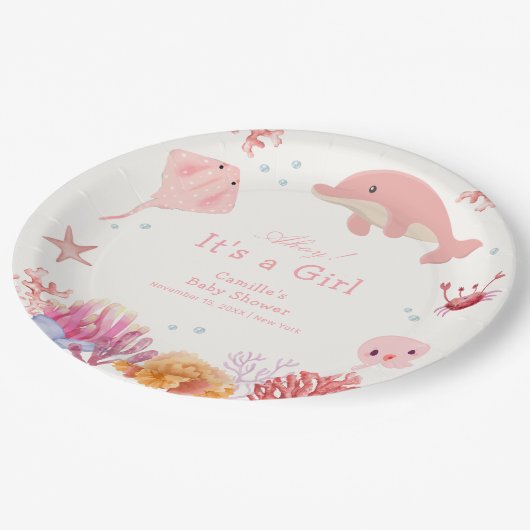 海のイルカの少女の赤ちゃんシャワーの下でピンクかわいい ペーパープレート (アングル)