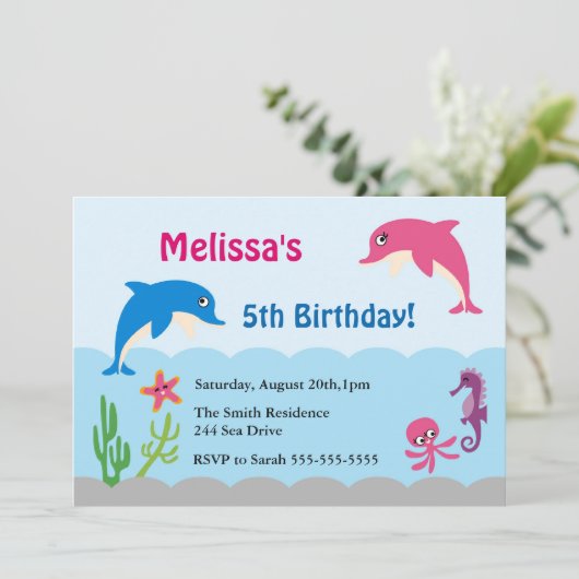 海のイルカの誕生会の招待の下でかわいい 招待状 (スタンド正面)