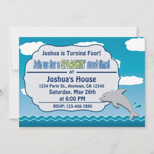 海のイルカの誕生日の招待状のおもしろい 招待状 (正面)