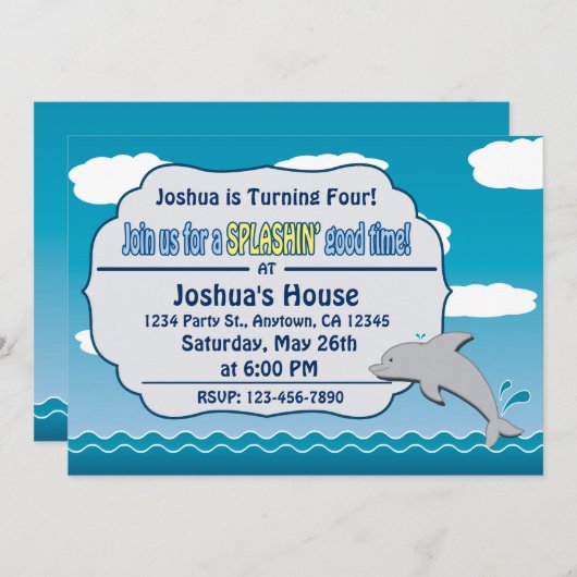 海のイルカの誕生日の招待状のおもしろい 招待状 (正面/裏面)