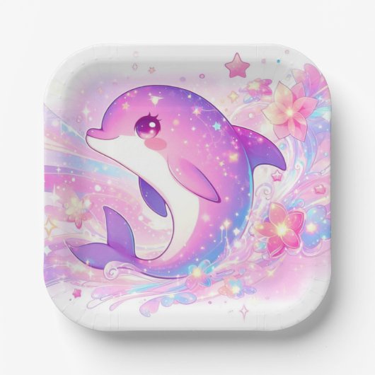 海のイルカの赤ちゃんシャワーの下で幸せ ペーパープレート (正面)