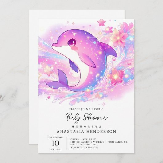 海のイルカの赤ちゃんシャワーの下で幸せ 招待状 (正面/裏面)