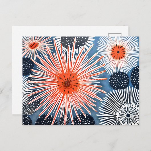 海のウニの青いリノカット ポストカード (正面/裏面)