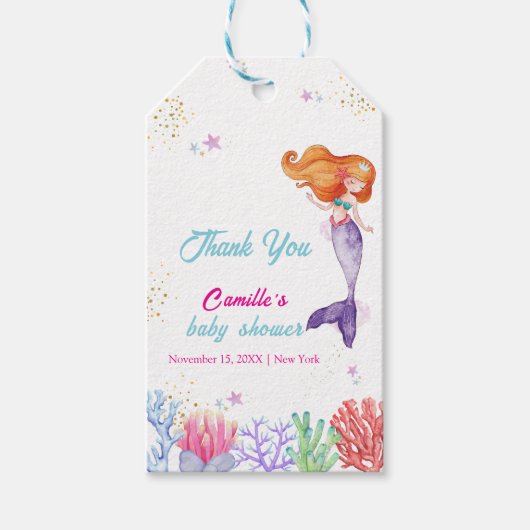 海のエレガント下で人魚の珊瑚の赤ちゃんシャワー ギフトタグ (正面)